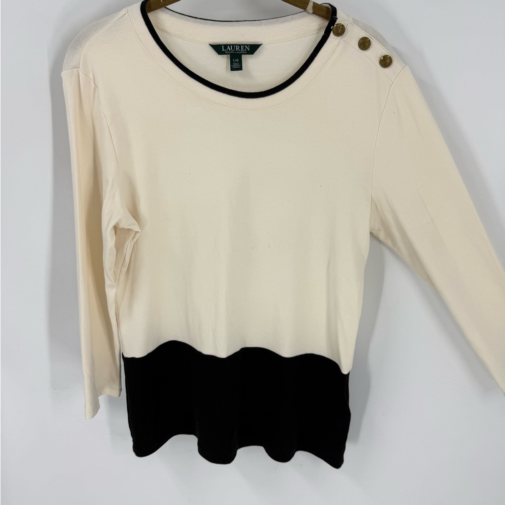 Lauren Ralph Lauren two-tone, long-sleeve top with gold shoulder buttons. L